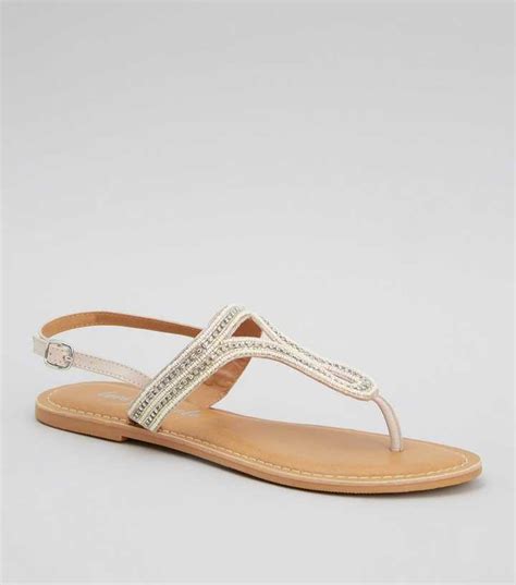 Cream Leather Bead Diamanté Strap Sandals | New Look