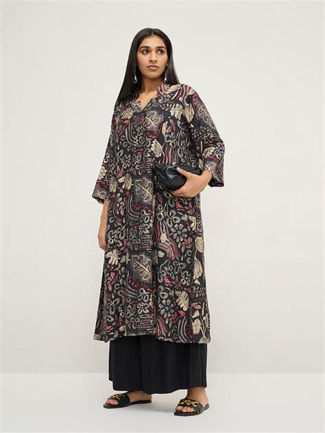 Buy Diza Black Floral Printed A-Line Kurta from Westside