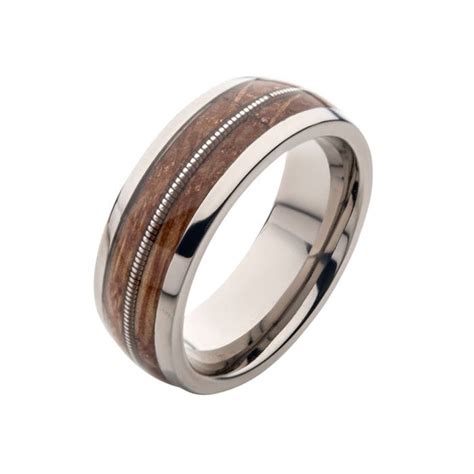 Buy Silver Tone Titanium with Whiskey Barrel Wood Inlay Band Ring ...