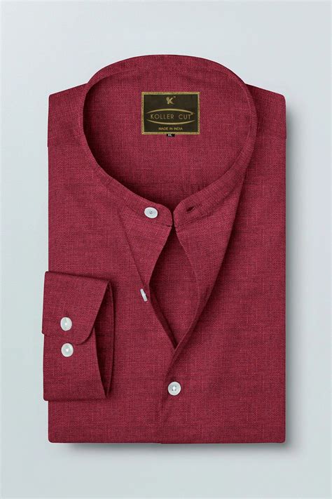 Carmine Red Mandarin Collar Men's Luxurious Linen Shirt – kollercut