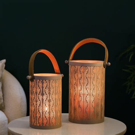 Modern Matte Beige Leaf Cutwork Metal Lantern Set Of 2 Online - Premium ...