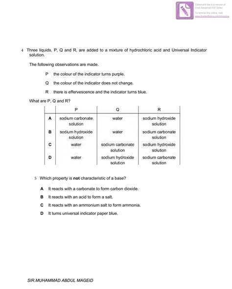 Characteristic properties of acids & bases (multiple choice) QP | PDF