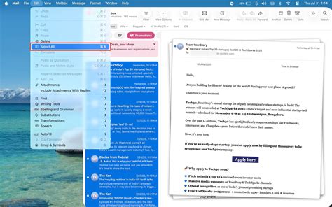 How to select all emails in the Apple Mail app on iOS or macOS