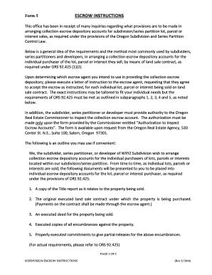 Fillable Online oregon ESCROW INSTRUCTIONS - SUBDIVISION. Forms ...