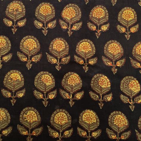 Pure Cotton Bagru Black With Mustard And Brown Flower Motif Hand Block ...