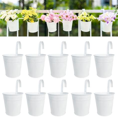 Hanging Pots for Plants - 10 Pack, White Metal, Balcony Garden Rail ...
