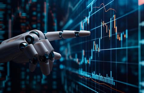 A robotic hand engaged with a laptop, illustrating stock market trends through data visualizations