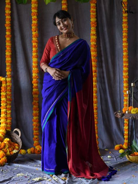 Cotton Acrylic Red And Blue Saree|Sindhoori Nadiya|Suta
