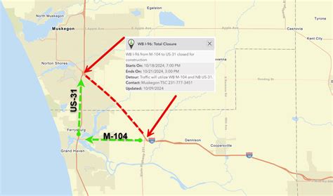 UPDATE- TOTAL closure: WB I-96, Ottawa & Muskegon counties, October 18-21