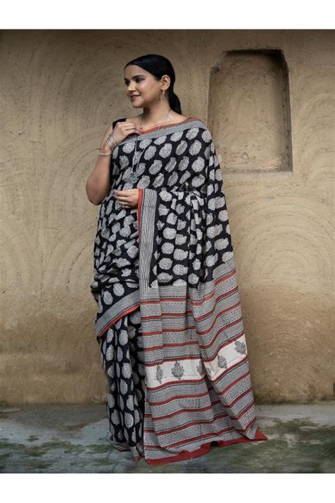 TICH Classic Appeal. Bagru Hand Block Printed Mul Cotton Saree - Black ...