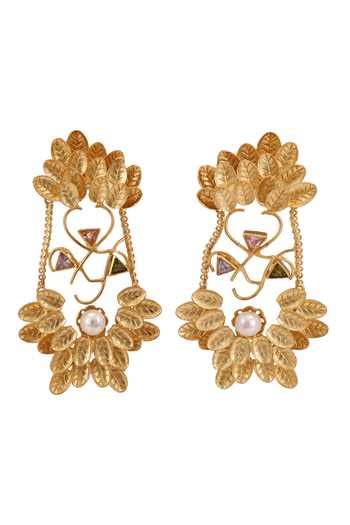 Buy Gold Plated Pearls, Stones Leaflet Cutwork Earrings by Trupti Mohta ...