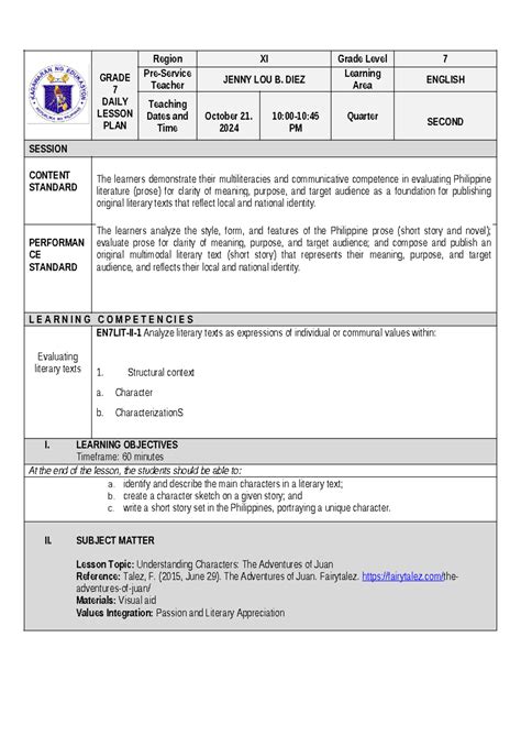 DIEZ 4As - Grade 7 English Lesson Plan: Understanding Characters in ...