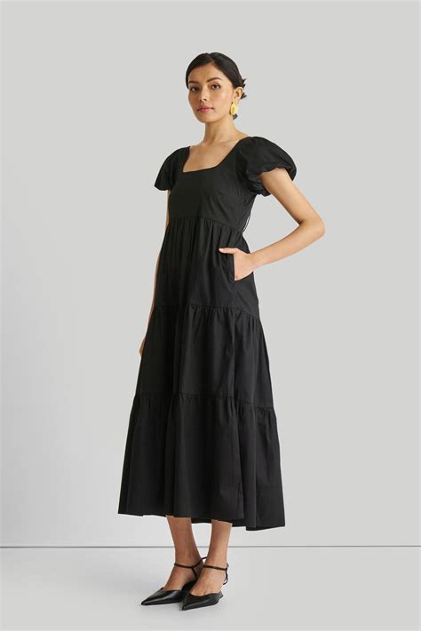 Puff Sleeve Tiered Maxi Dress in Black | Reistor