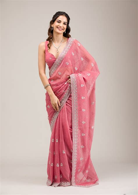 Buy Pink Zariwork Tissue Saree - Koskii