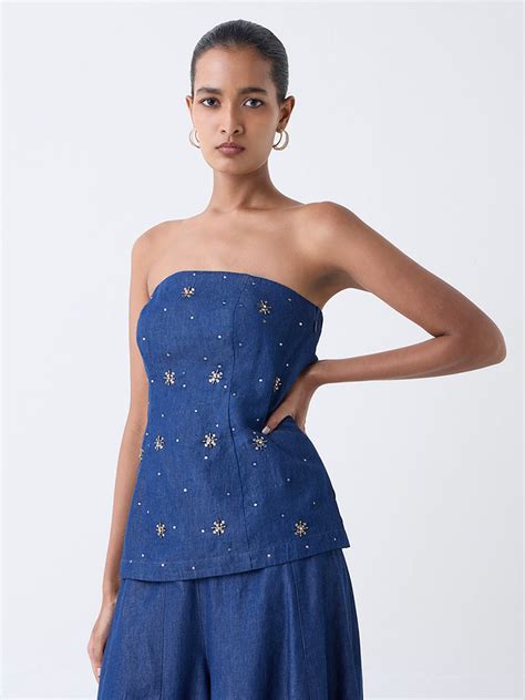 Buy Vark Blue Embellished Cotton Tube Top from Westside