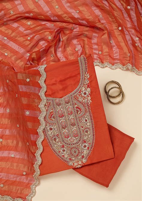 Buy Rust Zariwork (Gold) Semi Crepe Unstitched Salwar Suit - Koskii