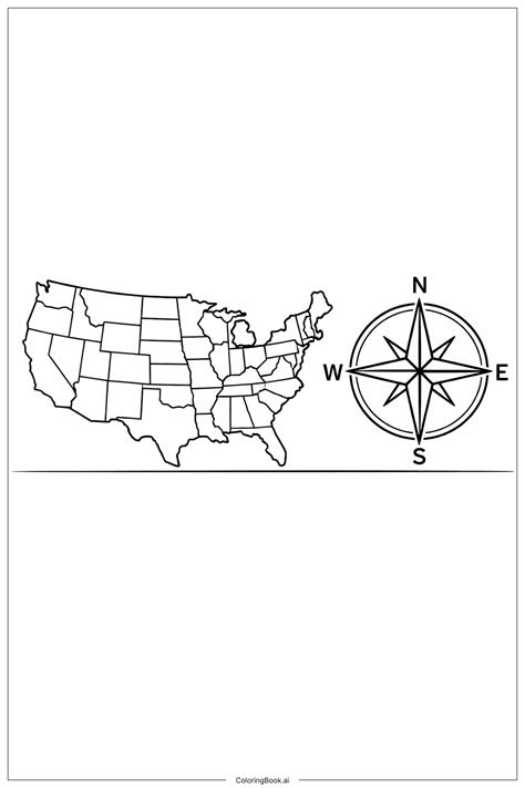 Map Of United States With Map Compass Coloring Page (Free PDF&PNG ...