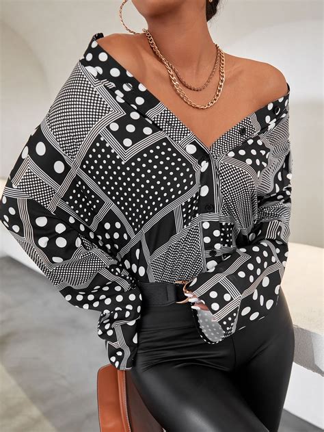Polka Dot Print Button Front Blouse