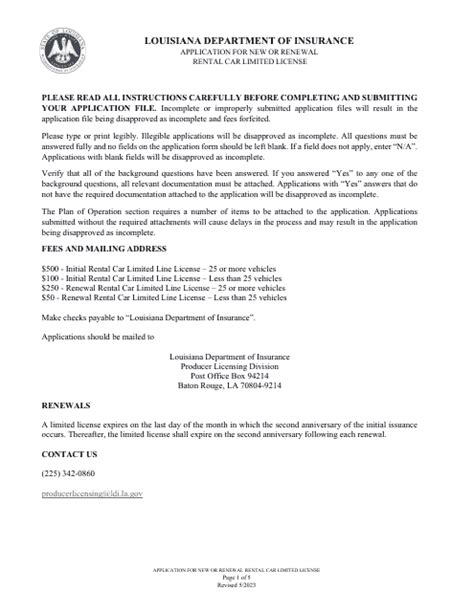Louisiana Application for New or Renewal Rental Car Limited License ...