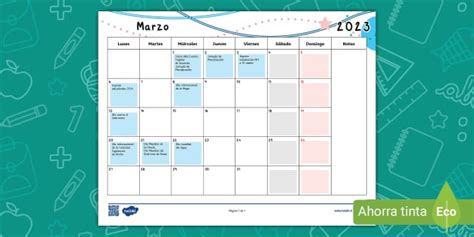 Calendario: Marzo 2023 (teacher made) - Twinkl