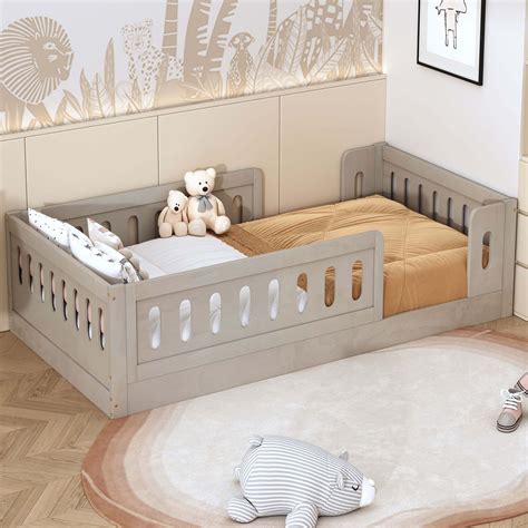 Harper&Bright Designs Wood Floor Bed with Semi-Enclosed Guardrails ...