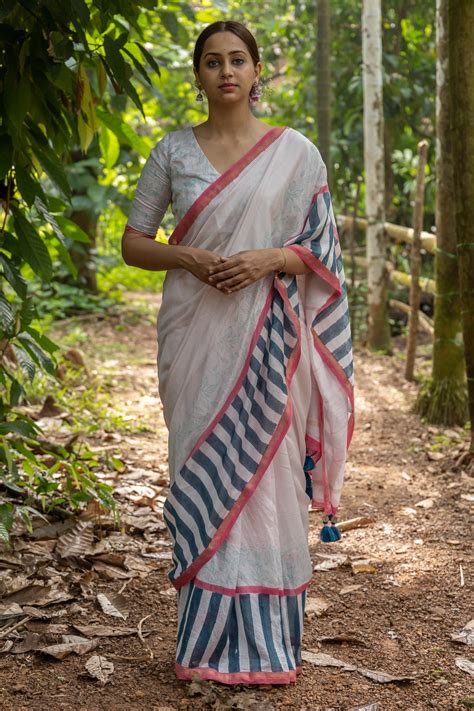 Paana • Block printed chanderi silk saree with minimal design – Mogasu Goa