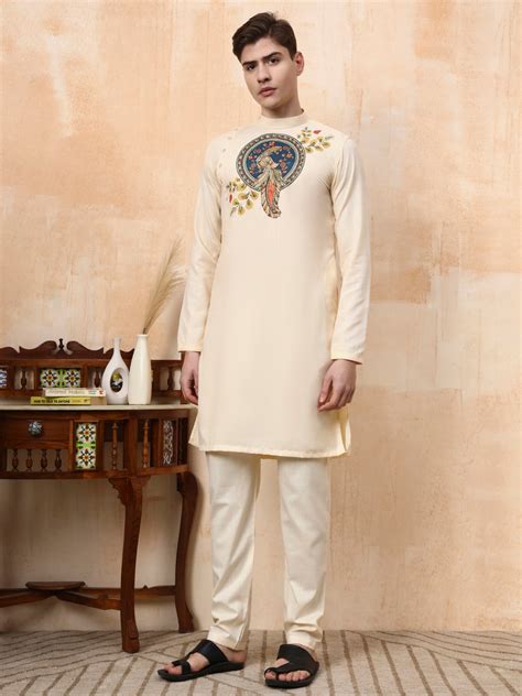 [MGSP-B] Men's Beige Ethnic Print Side Placket Cotton Kurta Set