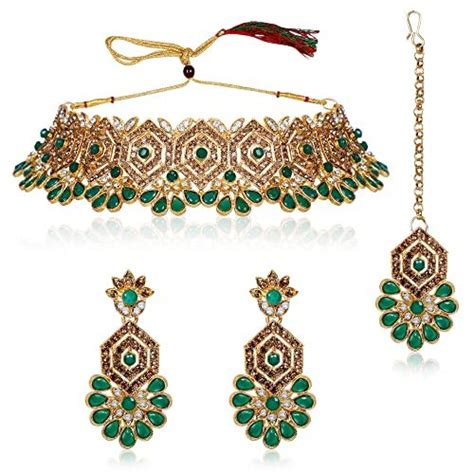 Buy IIJ Beautiful Golden Rhinestone & Green Ruby Choker Necklace Set ...