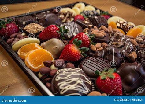 Tray of Assorted Chocolate-covered Fruits and Nuts, Ready To Be Enjoyed ...