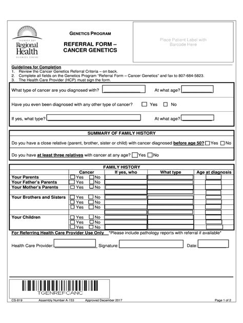 Fillable Online GENETICS PROGRAM Place Patient Label with FAMILY ...