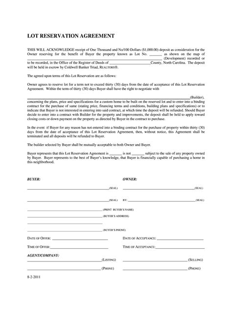 NC Lot Reservation Agreement Form - Fill Online, Printable, Fillable ...