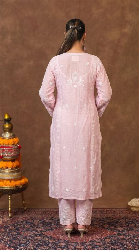 Jashn Pure Chanderi Chikankari Blush Pink A Line 3PC Kurta Set with Du ...