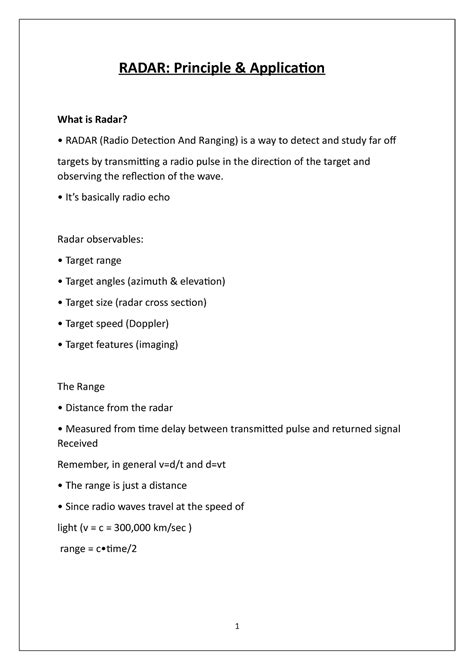 Radar - Lecture notes 3-4 - RADAR: Principle & Application What is ...
