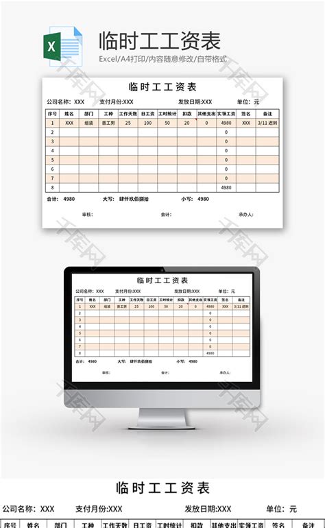 临时工工资表Excel模板_千库网(excelID：142289)