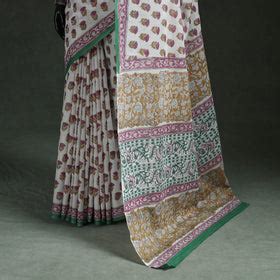 White Pure Mul Cotton Hand Block Sanganeri Print Saree