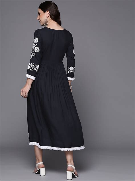 Indo Era Blue Embroidered A-Line Ethnic Dress – indoera