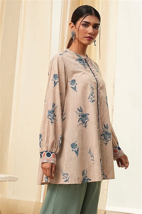 Buy Beige Pure Cotton Shirt-Style A-Line Short Kurta Online at Biba India