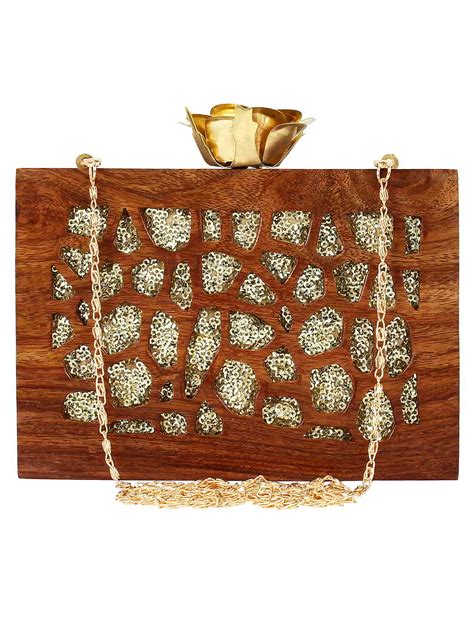 Anekaant Brown Timber Sequins Wooden Party Clutch