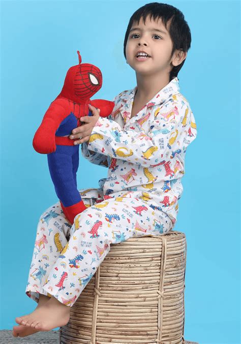 Polka Tots Full sleeves Dinosaur print Night Suit - White – PolkaTots.in