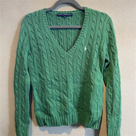 Green Ralph Lauren Cable Jumper Cotton V-neck... - Depop