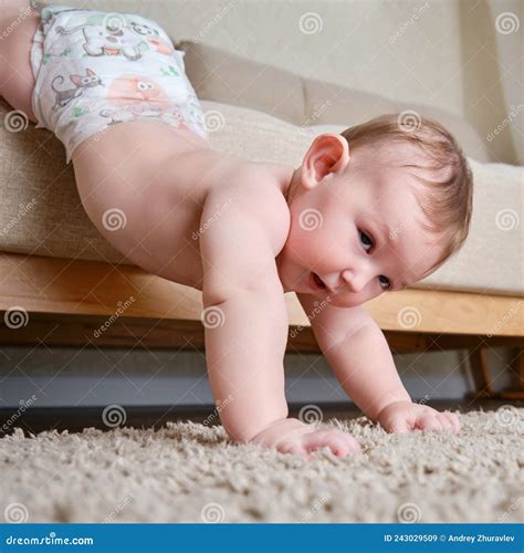 Infant Baby Falls Off the Sofa in the Home Living Room. Toddler Kid ...