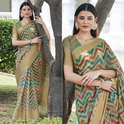Beige Digital Printed Linen Saree