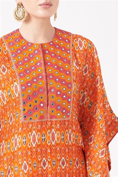 Orange Embroidered Ikat Kaftan Kurta Set – Petticoat