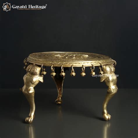 Brass Elephant Pillars Chowki – Ornate Pooja Stand for Home Decor ...