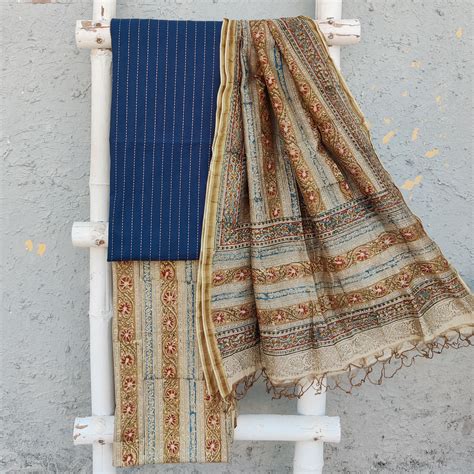 MOHANA - Pure Cotton Blue Handloom Kaatha Top Fabric With Hand Block P ...