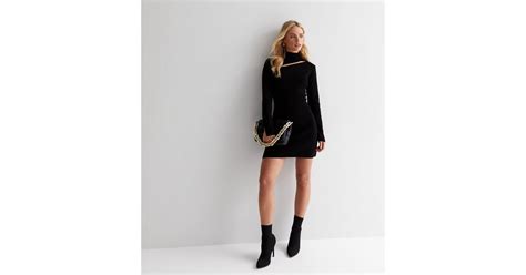 Petite High Neck Long Sleeve Asymmetric Cut Out Mini Dress | New Look