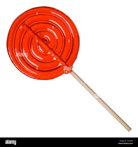 Big red lollipop transparent sugar candy on wooden stick isolated on ...