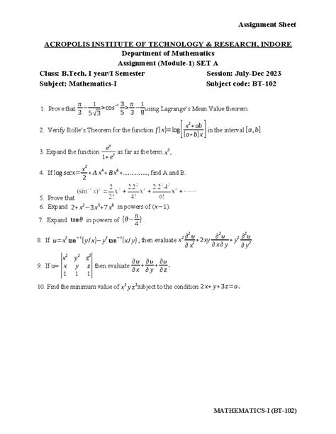 Assignment Sheet U-1 Set A: Math Problems for B.Tech I Sem - Studocu