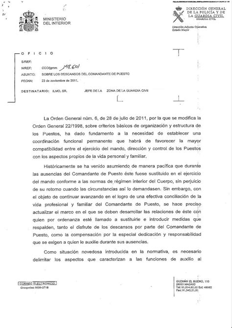 Nuevo escrito de la DAO descanso Comandantes de Puesto - Unionoficiales.ORG