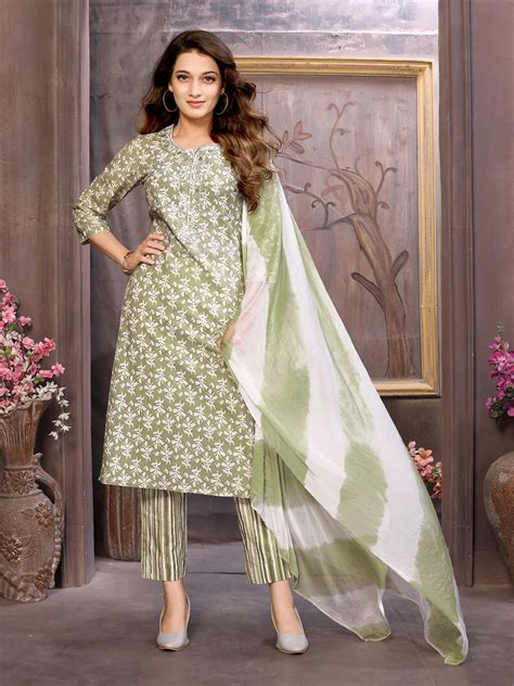 Cotton Embroidered Calf Length Straight Kurta with Pant and Dupatta ...